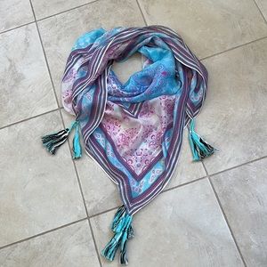 Johnny Was silk tasseled scarf in blue, pink , black